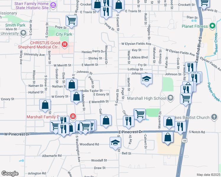 map of restaurants, bars, coffee shops, grocery stores, and more near 1500 Wingwood Drive in Marshall