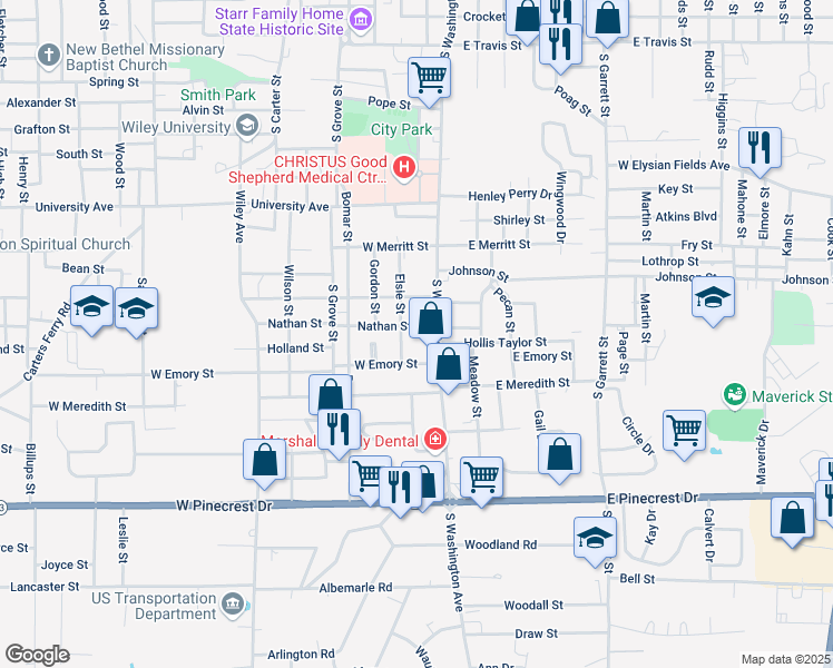 map of restaurants, bars, coffee shops, grocery stores, and more near 1400 South Washington Avenue in Marshall