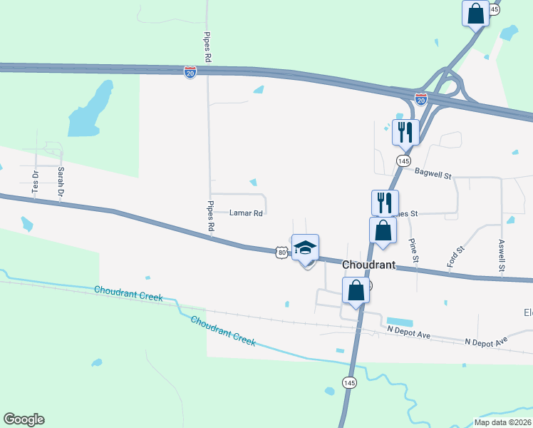 map of restaurants, bars, coffee shops, grocery stores, and more near 195 Lamar Road in Choudrant