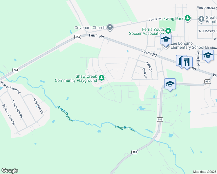 map of restaurants, bars, coffee shops, grocery stores, and more near 345 Shaw Creek Boulevard in Ferris