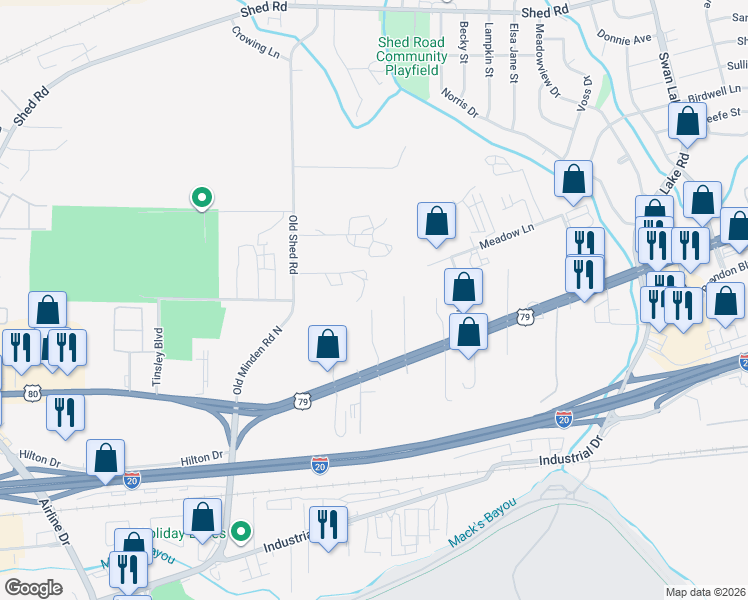 map of restaurants, bars, coffee shops, grocery stores, and more near 3817 East Texas Street in Bossier City