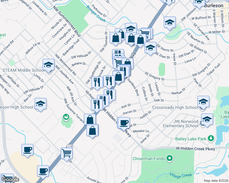 map of restaurants, bars, coffee shops, grocery stores, and more near 801-871 SW Wilshire Blvd in Burleson