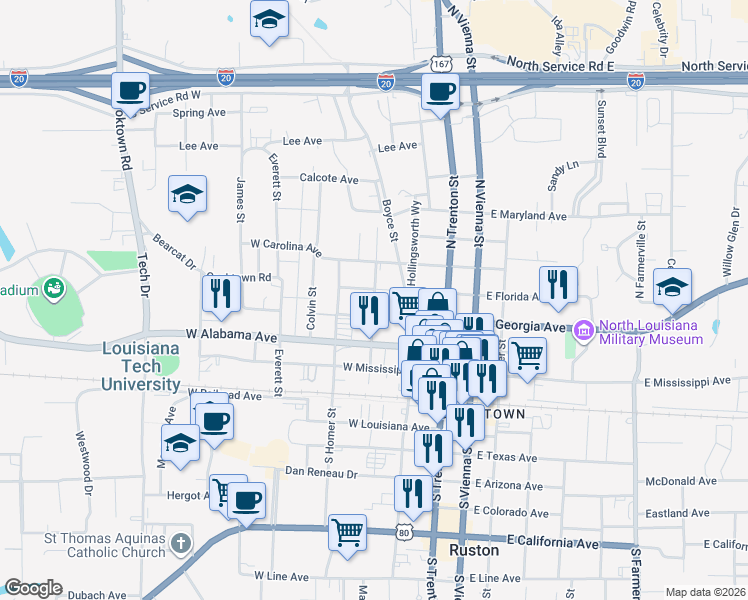 map of restaurants, bars, coffee shops, grocery stores, and more near Minden Street in Ruston