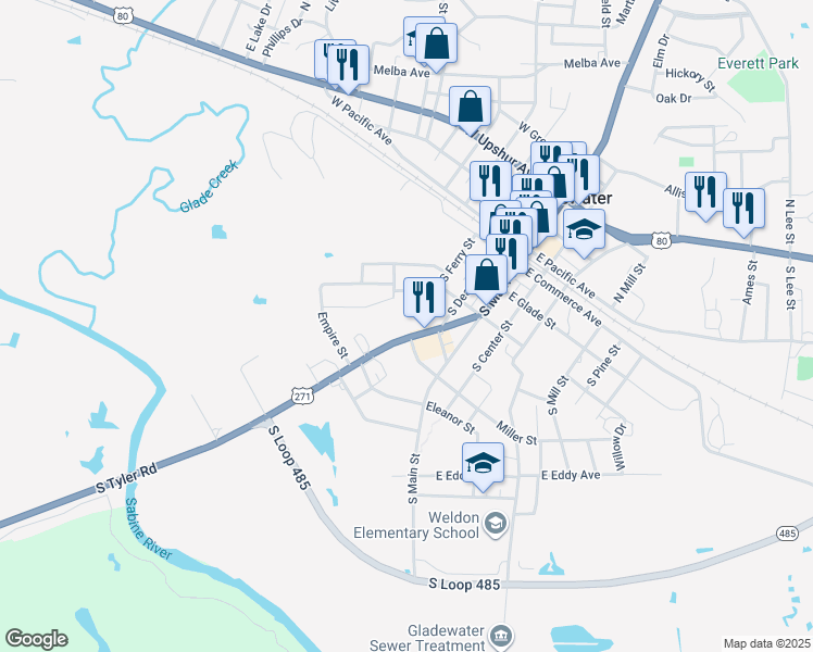 map of restaurants, bars, coffee shops, grocery stores, and more near 498 South Tyler Street in Gladewater