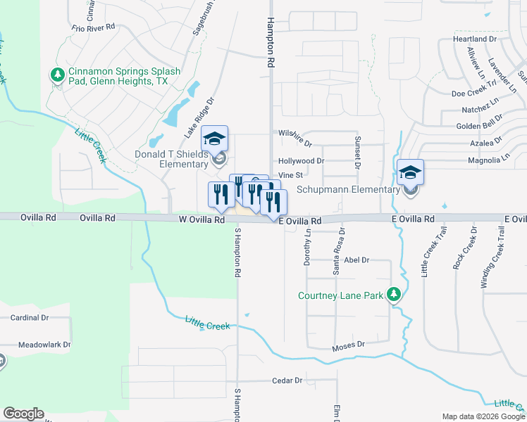 map of restaurants, bars, coffee shops, grocery stores, and more near 101 East Ovilla Road in Glenn Heights