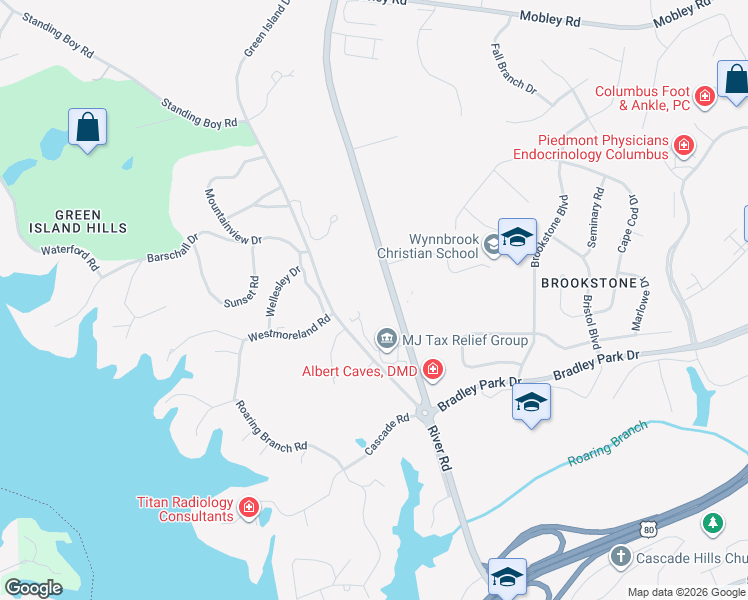 map of restaurants, bars, coffee shops, grocery stores, and more near 6101 River Road in Columbus