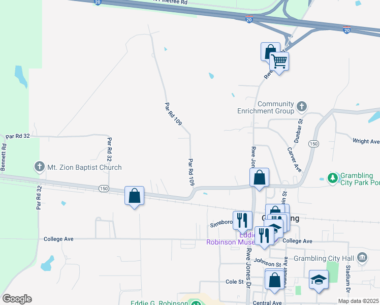 map of restaurants, bars, coffee shops, grocery stores, and more near 182 Par Road 109 in Grambling