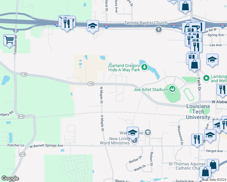 map of restaurants, bars, coffee shops, grocery stores, and more near 2011 West Alabama Avenue in Ruston