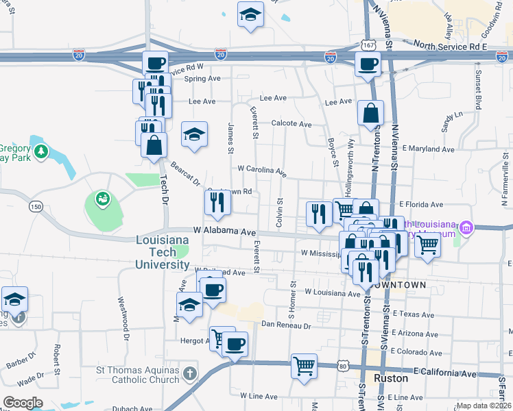 map of restaurants, bars, coffee shops, grocery stores, and more near 700 West Georgia Avenue in Ruston
