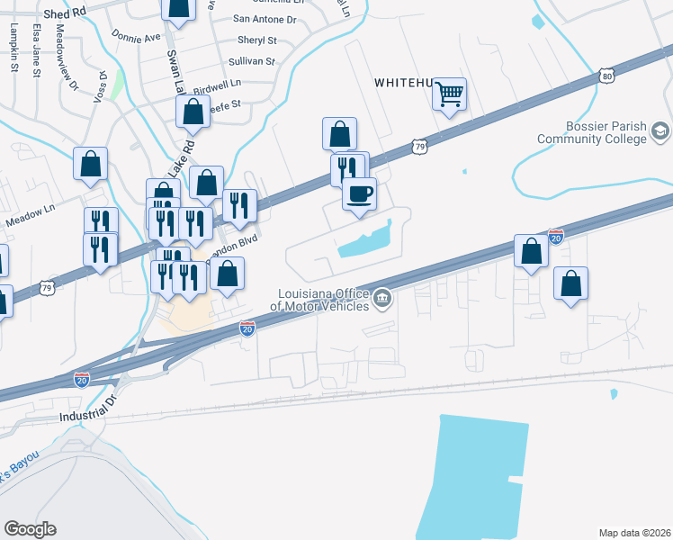 map of restaurants, bars, coffee shops, grocery stores, and more near 4908 Industrial Drive Extension in Bossier City
