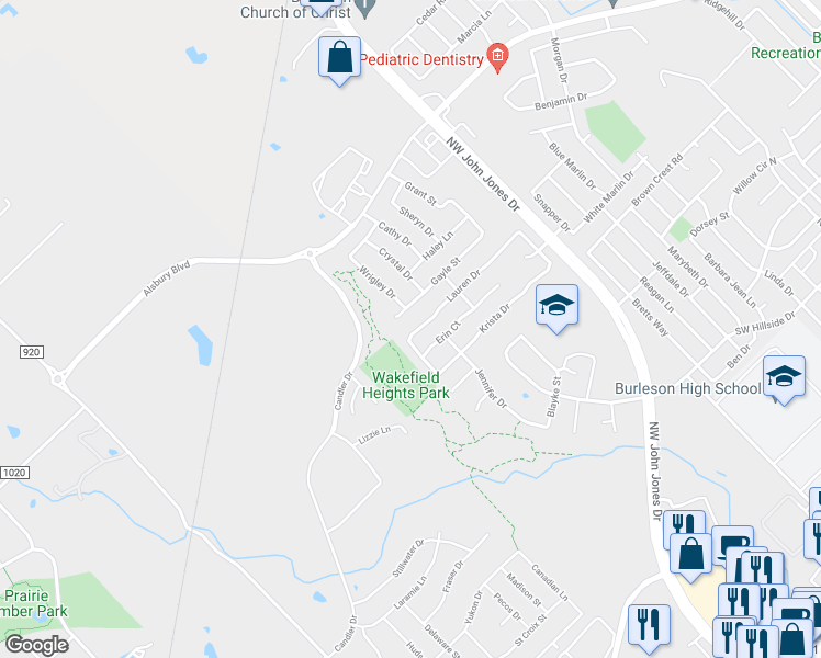 map of restaurants, bars, coffee shops, grocery stores, and more near 1440 Lauren Drive in Burleson