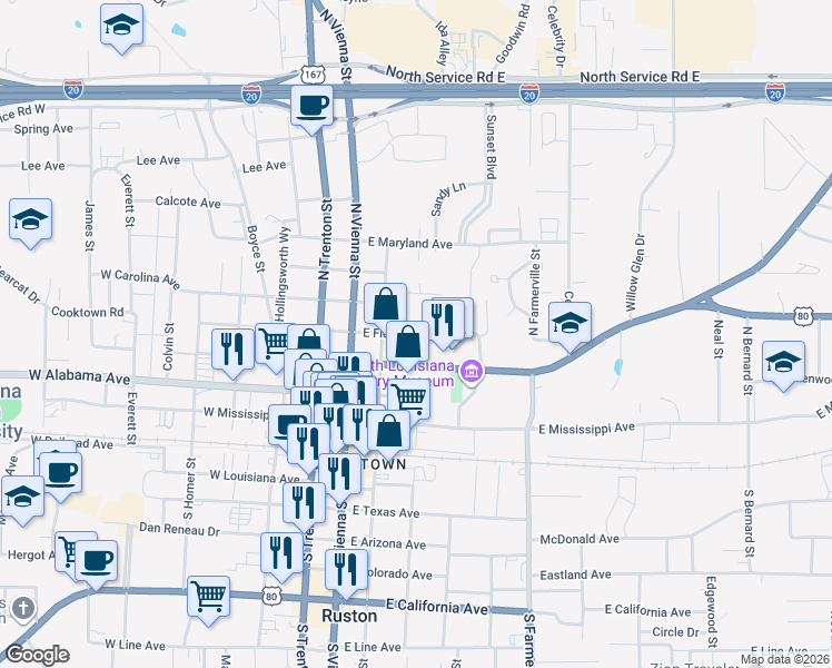 map of restaurants, bars, coffee shops, grocery stores, and more near 206 East Florida Avenue in Ruston