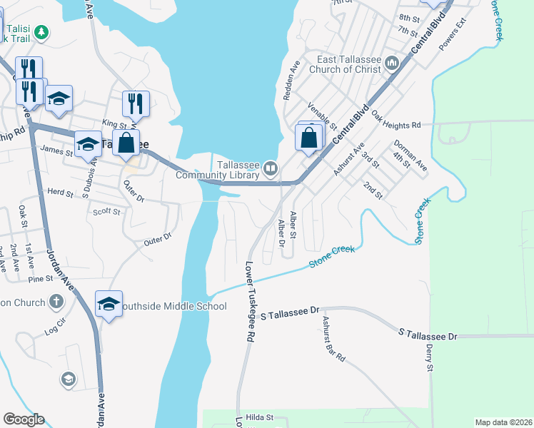 map of restaurants, bars, coffee shops, grocery stores, and more near 15 Alber Dr in Tallassee