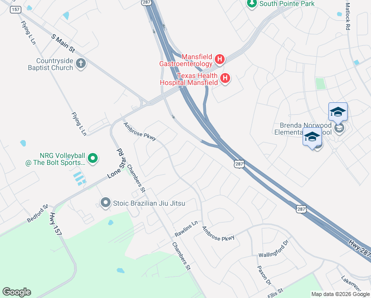 map of restaurants, bars, coffee shops, grocery stores, and more near South Main Street in Mansfield