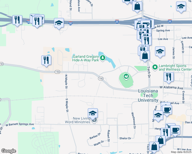 map of restaurants, bars, coffee shops, grocery stores, and more near 1815 West Alabama Avenue in Ruston