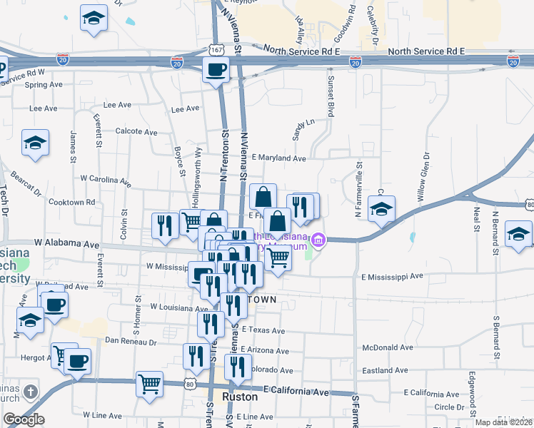 map of restaurants, bars, coffee shops, grocery stores, and more near 401-409 North Bonner Street in Ruston
