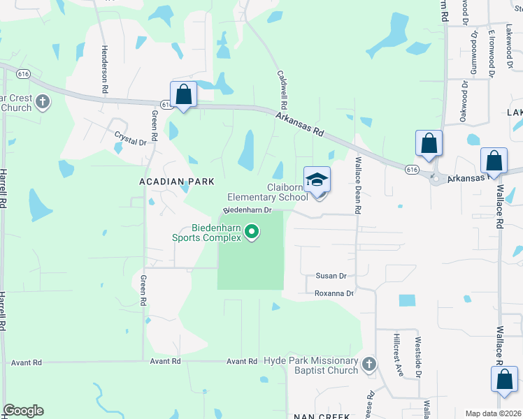 map of restaurants, bars, coffee shops, grocery stores, and more near Biedenharn Dr in West Monroe