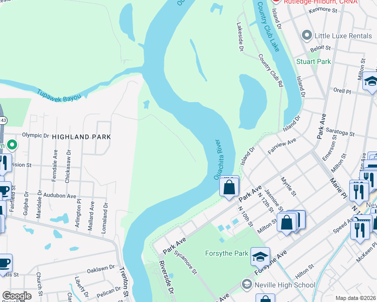 map of restaurants, bars, coffee shops, grocery stores, and more near 343 River Oaks Drive in West Monroe