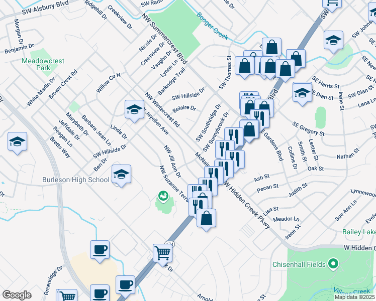 map of restaurants, bars, coffee shops, grocery stores, and more near 900 Southwest Sunnybrook Drive in Burleson