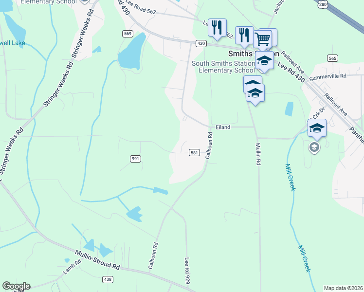 map of restaurants, bars, coffee shops, grocery stores, and more near 142-338 County Road 581 in Smiths Station