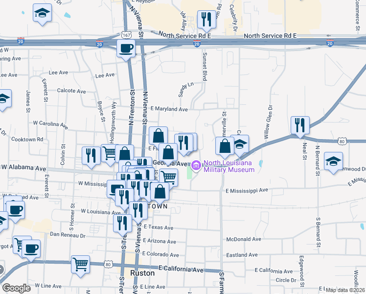map of restaurants, bars, coffee shops, grocery stores, and more near 309 East Florida Avenue in Ruston