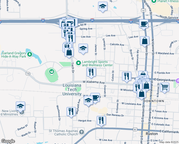 map of restaurants, bars, coffee shops, grocery stores, and more near 413 Cameron Street in Ruston