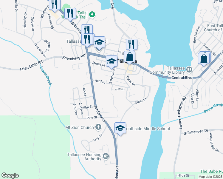 map of restaurants, bars, coffee shops, grocery stores, and more near Dubois Street in Tallassee