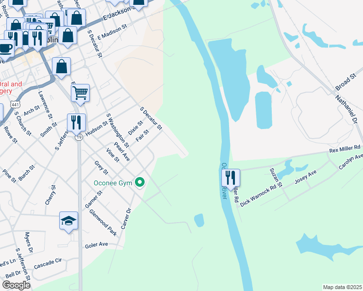 map of restaurants, bars, coffee shops, grocery stores, and more near 625 South Decatur Street in Dublin