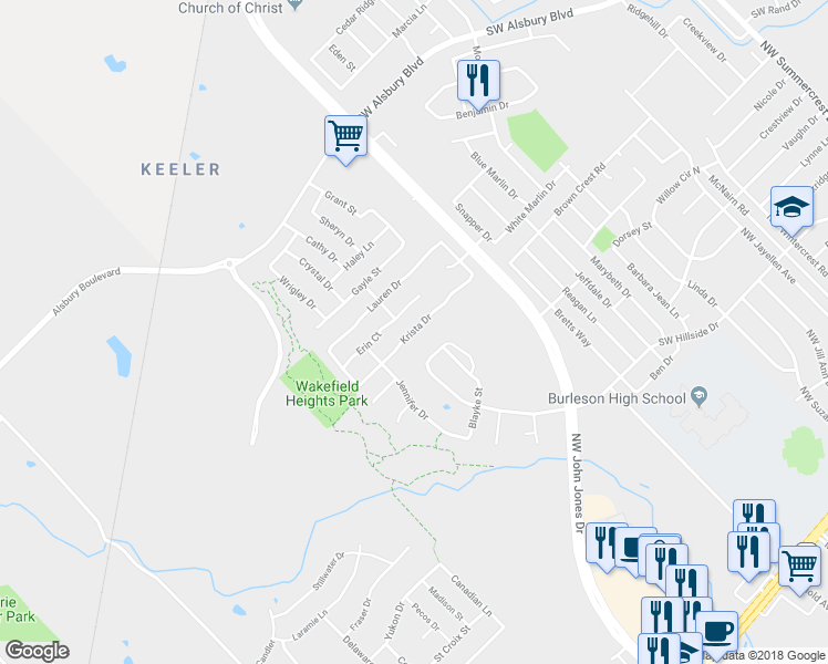 map of restaurants, bars, coffee shops, grocery stores, and more near 1320 Krista Drive in Burleson