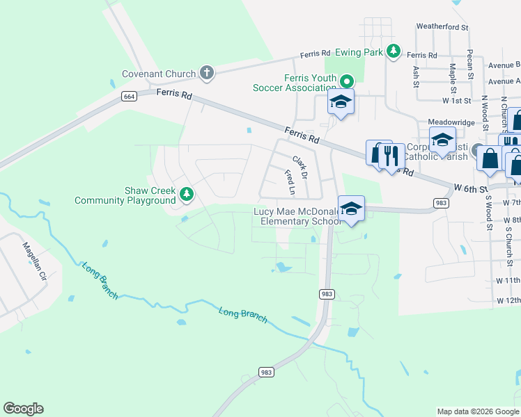 map of restaurants, bars, coffee shops, grocery stores, and more near 312 Jennie Marie Circle in Ferris