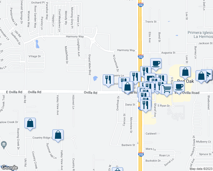 map of restaurants, bars, coffee shops, grocery stores, and more near 217 Hill Lane in Red Oak