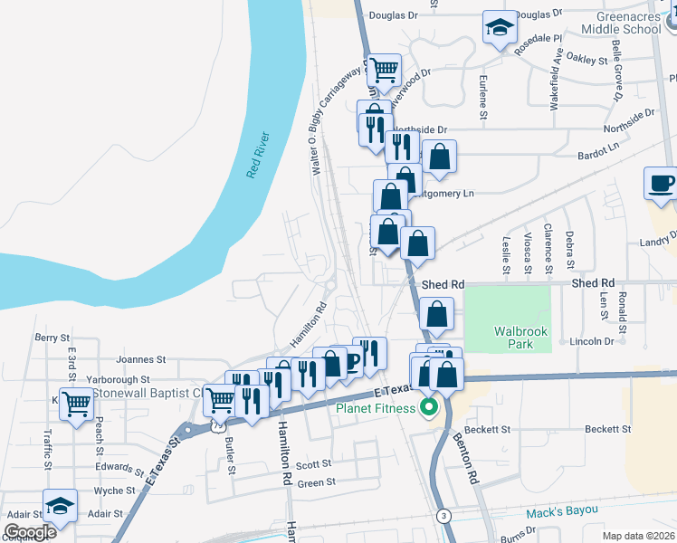 map of restaurants, bars, coffee shops, grocery stores, and more near 2010-2070 Shed Road in Bossier City