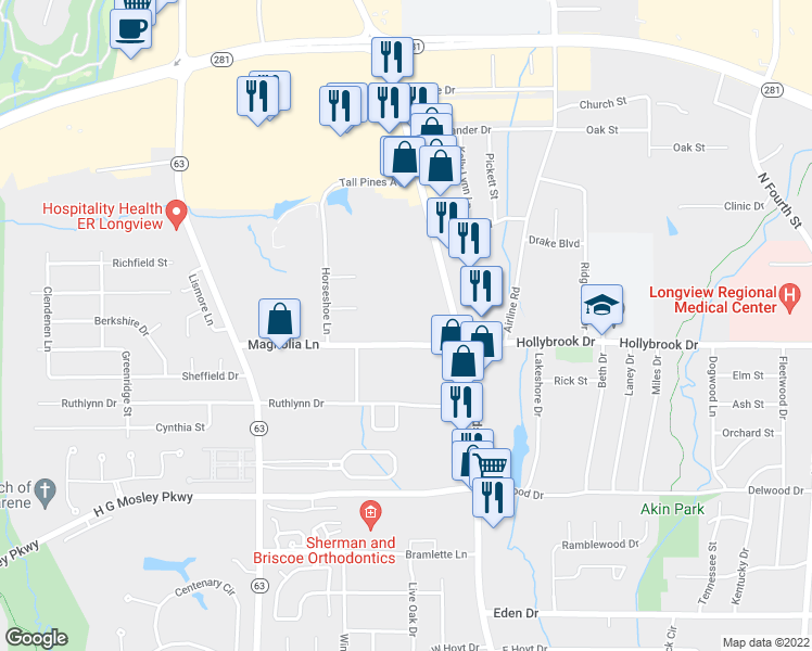 map of restaurants, bars, coffee shops, grocery stores, and more near 202 Magnolia Lane in Longview