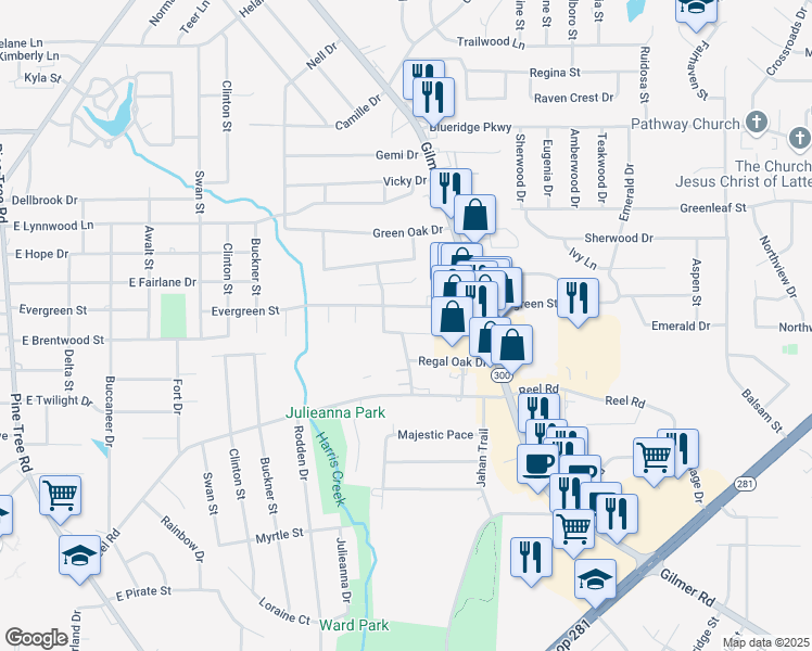 map of restaurants, bars, coffee shops, grocery stores, and more near 1005 Sovereign Drive in Longview