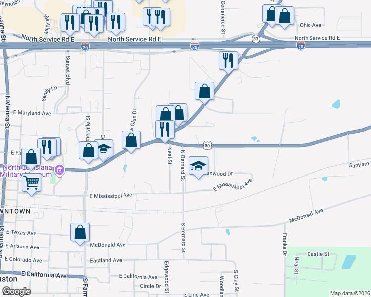 map of restaurants, bars, coffee shops, grocery stores, and more near 310 North Bernard Street in Ruston