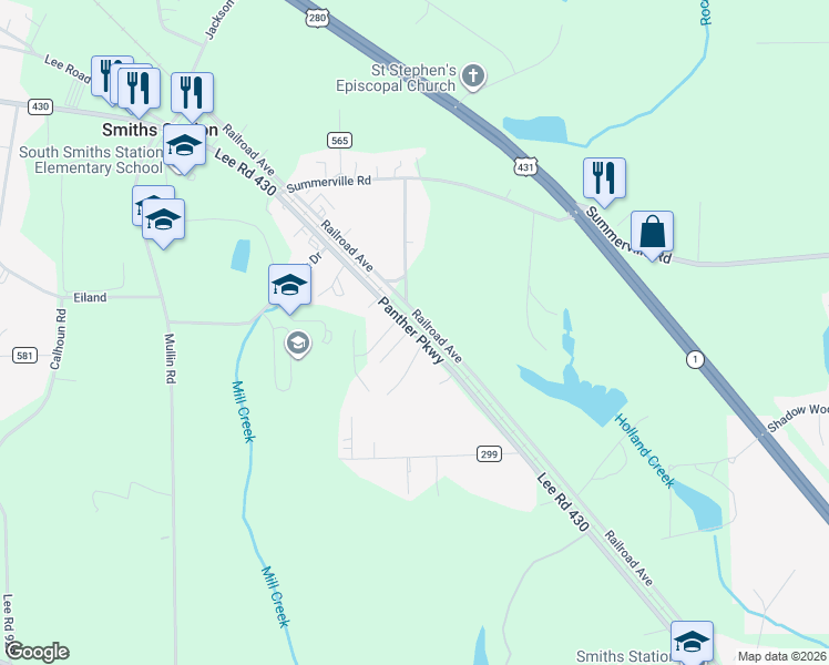 map of restaurants, bars, coffee shops, grocery stores, and more near County Road 430 in Smiths Station