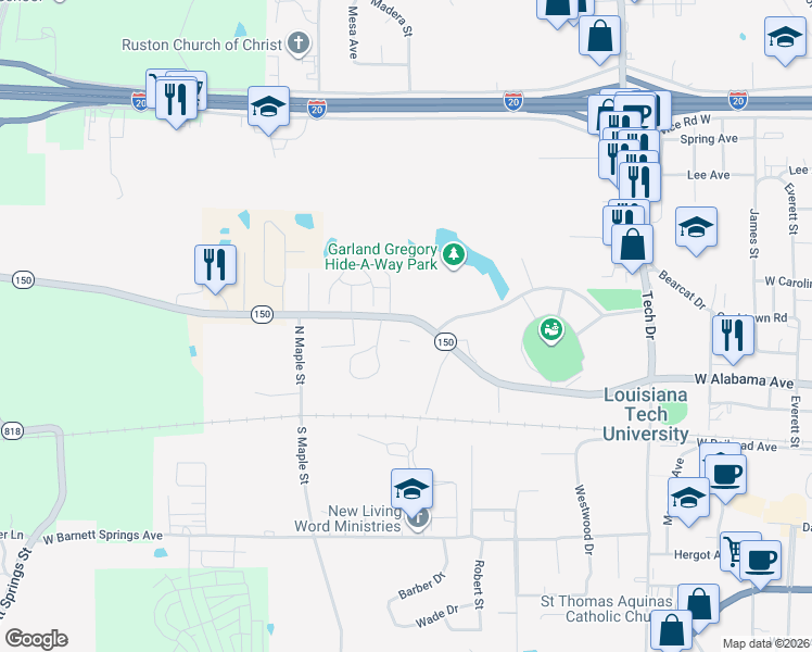 map of restaurants, bars, coffee shops, grocery stores, and more near 1815 West Alabama Avenue in Ruston