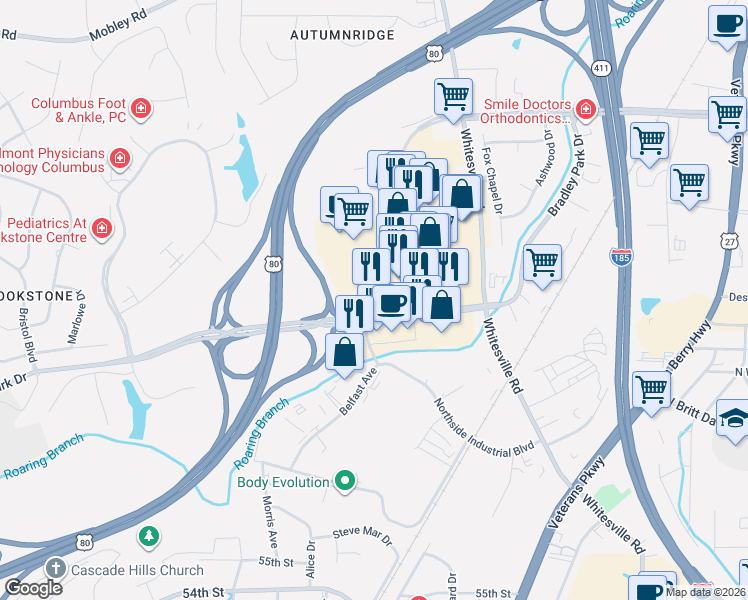 map of restaurants, bars, coffee shops, grocery stores, and more near 1601 Bradley Park Drive in Columbus
