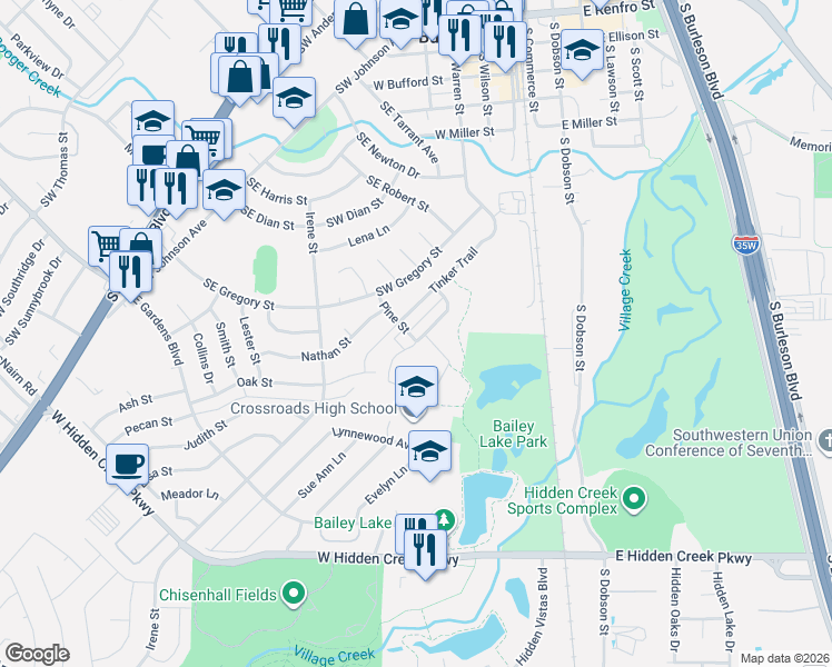 map of restaurants, bars, coffee shops, grocery stores, and more near 319 Tinker Trail in Burleson