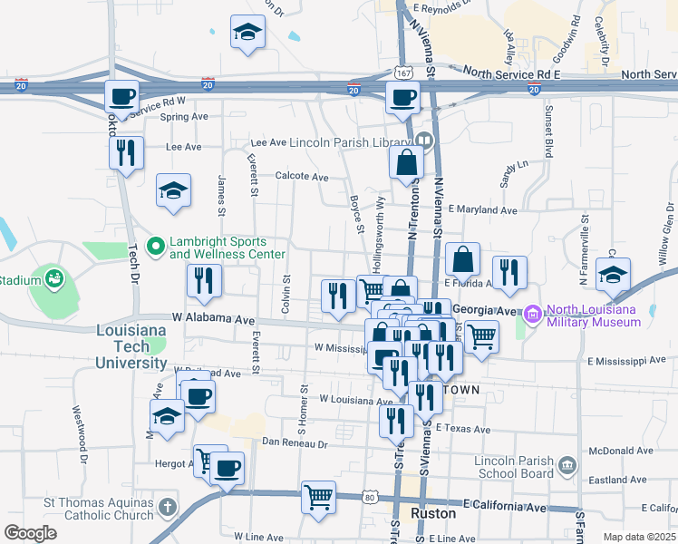 map of restaurants, bars, coffee shops, grocery stores, and more near 405 West Carolina Avenue in Ruston