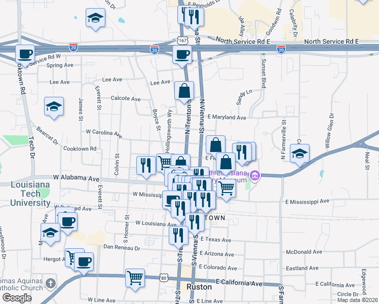 map of restaurants, bars, coffee shops, grocery stores, and more near 100-198 W Carolina Ave in Ruston