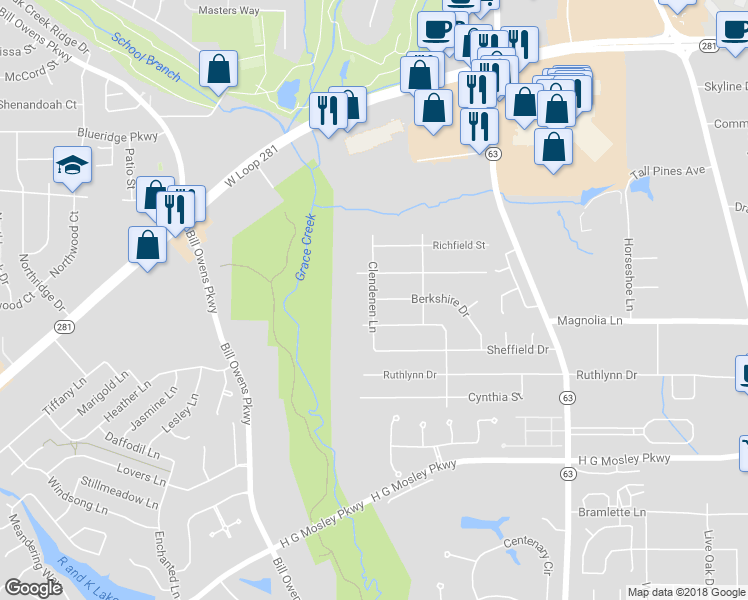 map of restaurants, bars, coffee shops, grocery stores, and more near 698 Berkshire Drive in Longview