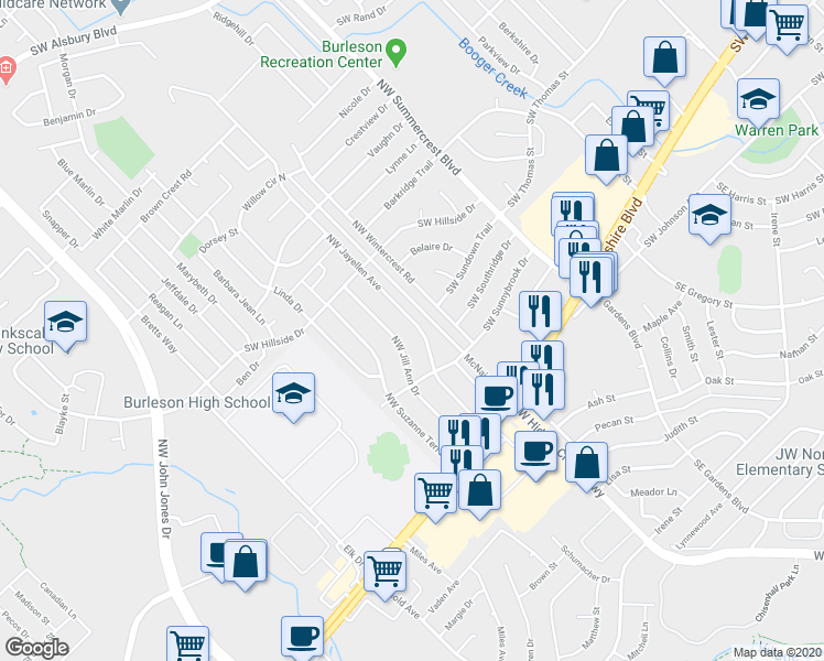 map of restaurants, bars, coffee shops, grocery stores, and more near 229 Northwest Jayellen in Burleson