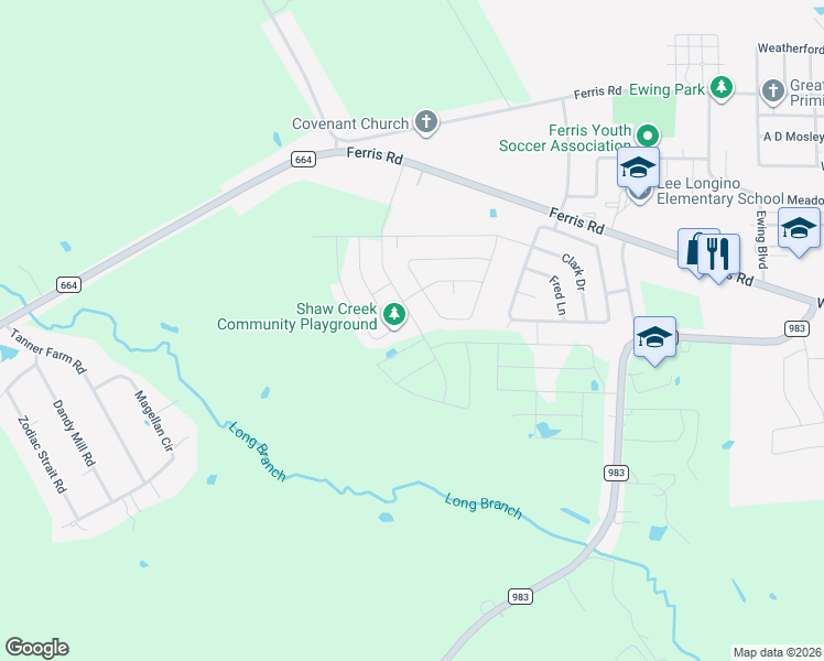 map of restaurants, bars, coffee shops, grocery stores, and more near 345 Shaw Creek Boulevard in Ferris