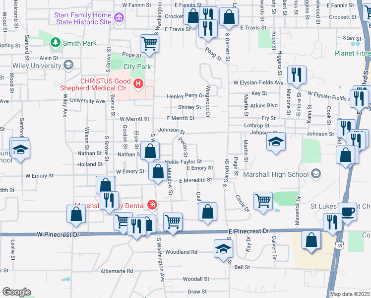 map of restaurants, bars, coffee shops, grocery stores, and more near 1303 Pecan Street in Marshall
