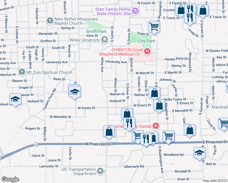 map of restaurants, bars, coffee shops, grocery stores, and more near 1305 Wilson Street in Marshall