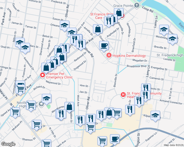 map of restaurants, bars, coffee shops, grocery stores, and more near 2099 Oliver Rd in Monroe