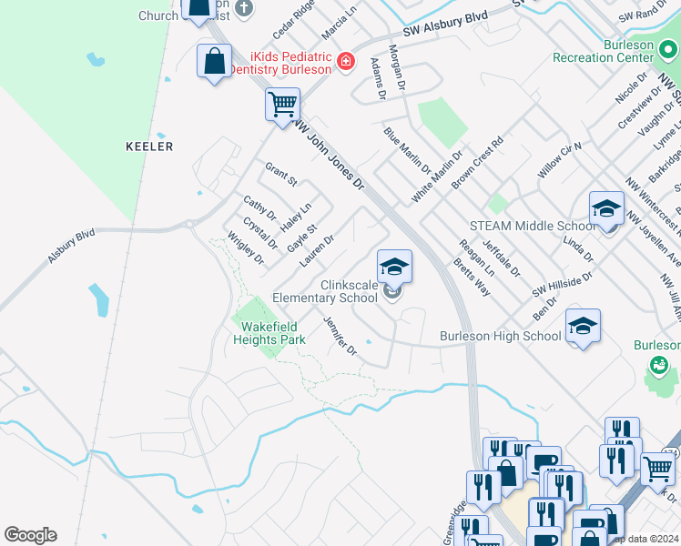 map of restaurants, bars, coffee shops, grocery stores, and more near 1316 Krista Drive in Burleson