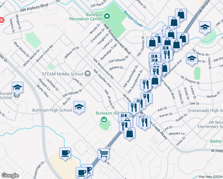 map of restaurants, bars, coffee shops, grocery stores, and more near 229 Northwest Jayellen Avenue in Burleson