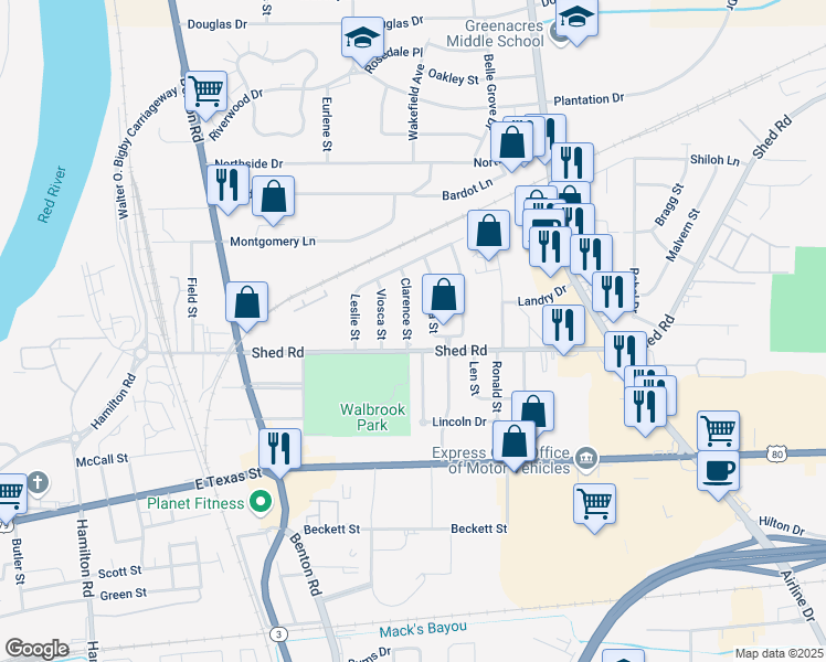 map of restaurants, bars, coffee shops, grocery stores, and more near 1506 Clarence Street in Bossier City